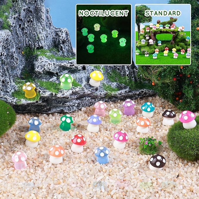 180 Pcs 18-Color Mini Resin Mushroom Figures,Glow in Dark Miniature Figurines Bulk for Fairy Garden,Dollhouse Décor,Terrarium & Scavenger Hunts - Tiny Mushroom Accessories with Realistic Details