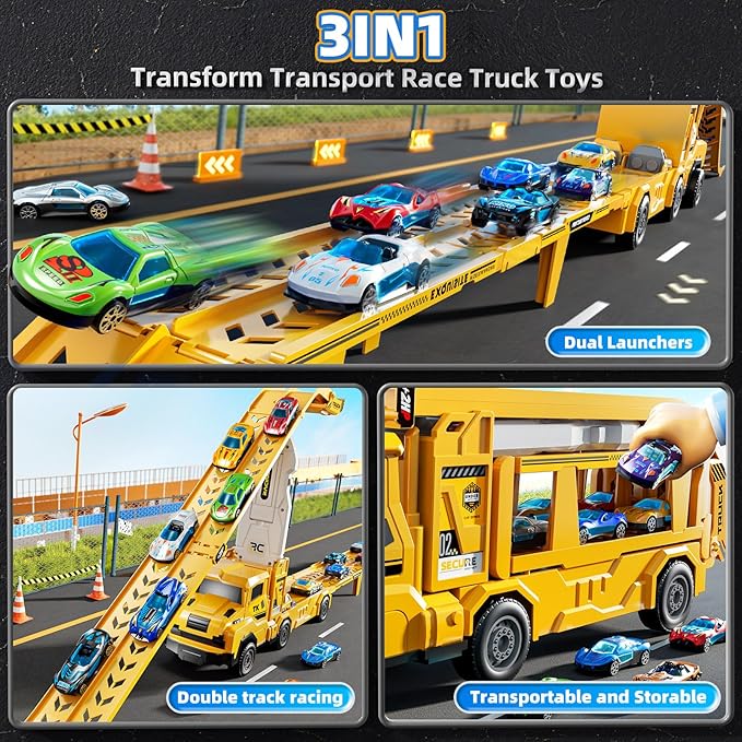 Toddler Car Truck Toys for 3 4 5 6 7 8 Years Old Boys, Transporter Truck Toy Track Set with 12 Die-Cast Car Toys, Toy Gifts for 3 4 5 6 Year Old Boys Kids