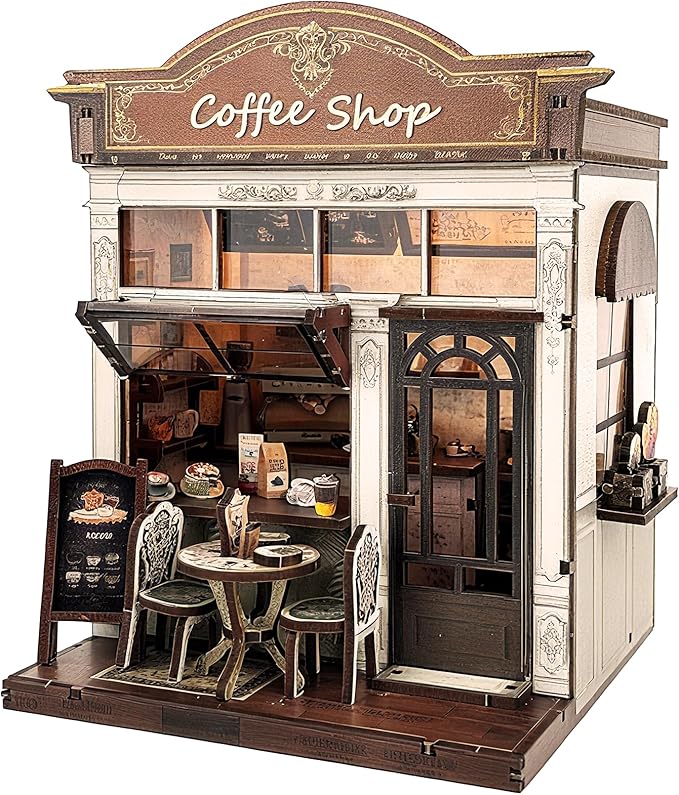 DIY Miniature House Dollhouse,Coffee Shop Book Nook Kit for Adult and Teens, Dollhouse,Tiny House Bookshelf Decor 3D Wooden Puzzle with LED Lighting, Gifts for Family, Friends (Coffe Shop)