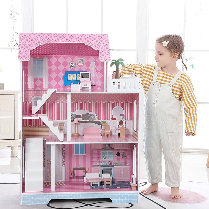 3-Tier Large Wooden Dollhouse with Furniture Set, Modern Kids Playhouse with Roof Window for 5-Inch Dolls, Creative Educational Toy for Girls Boys Ages 3 4 5+ for Imagination & Role-Play Games