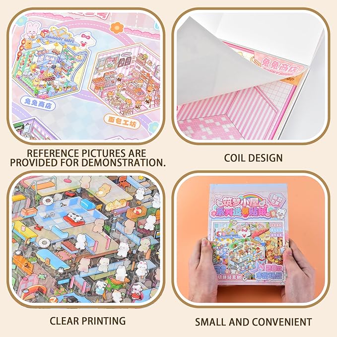 DIY 3D Fun Mini Animal House Scene Stickers Book with Tweezers Make Your Own Shop Amusement Park Sticker Scenes Cute Micro Stickers for Relief Stress Pass The Time(20 Designs)
