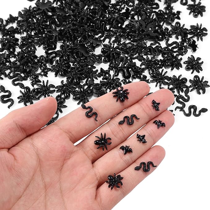 210pcs Halloween Mini Resin Creatures, Miniature Bats Snakes Spiders Nail Charms Tiny Animal Little Small Creatures Bulk for DIY Crafts Fairy Garden Micro Landscaping & Party Decorations (Black)