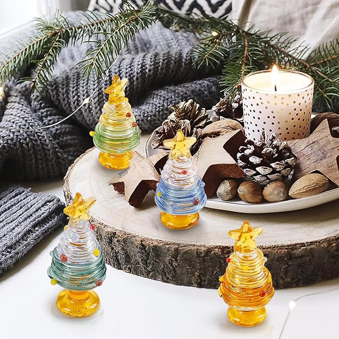 dolitify 4Pcs Mini Christmas Tree Glass Figurine Set, Mini Hand Artificial Glass Christmas Tree Traditional Craftsmanship Holiday Tabletop Decoration Gift Home Decor Craft Party (1)