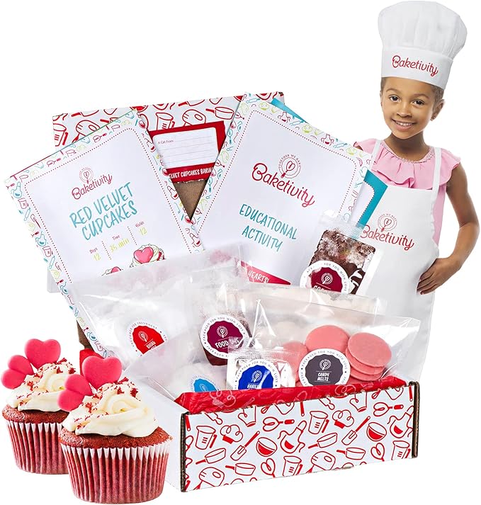 Baketivity Kids Baking Set, Meal Cooking Party Supply Kit for Teens, Real Fun Little Junior Chef Essential Kitchen Lessons, Includes Pre-Measured Ingredients (Baketivity Kit, Red Velvet)