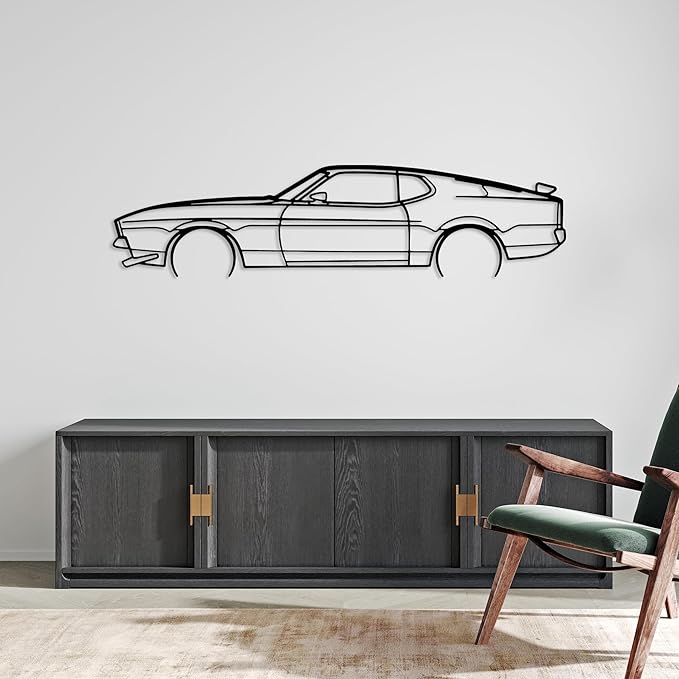 DecoSoul Mustang Metal Car Wall Art, Sports Car, Automotive Silhouette Line Decoration, Minimalist Sculpture for Garage, Indoor Outdoor Wall Hanging, Gift for Boyfriend (Black - 35 x 9.6” inch)