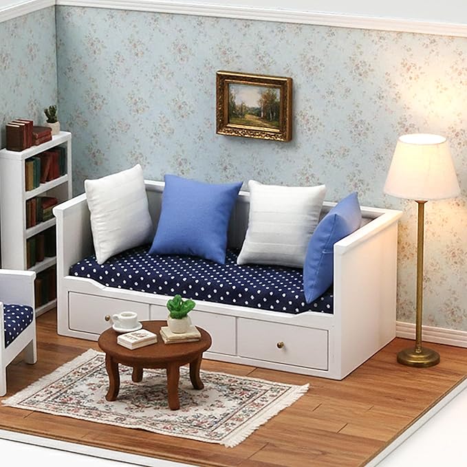 1/12 Scale Miniature Doll House Couch, Mini Sofa Day Bed, High Simulation Upholstered Wooden Fabric Loveseat with Pillows for 6 Inch Dolls, Modern Living Room Furniture, Realistic Model Decoration