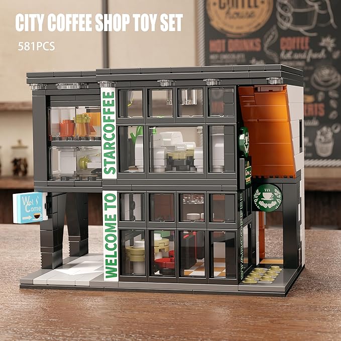 City Coffee Shop Building Block Set, 581PCS Architecture Model with Lights for Display & Decor, Realistic Cafe Toy, Christmas/Birthday Gift for Adults & Kids 8-12