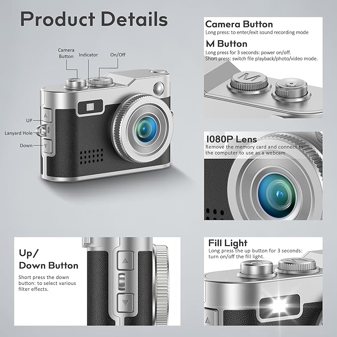 Mini Keychain Camera - 1080P FHD Mini Retro Digital Camera - Tiny Portable Small Cameras Vintage Compact Micro Cameras - Pocket Video Recorder with 16GB Card, OTG Adapters for Travel Study Recording