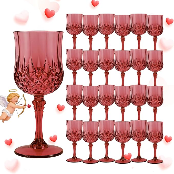 LEYIQU Plastic Wine Glasses, Plastic Goblets Vintage Style Cordial Drinking Glasses for Valentine’s Day, Wedding Reception, Grand Event Party Supplies (24, Scarlet Rose)