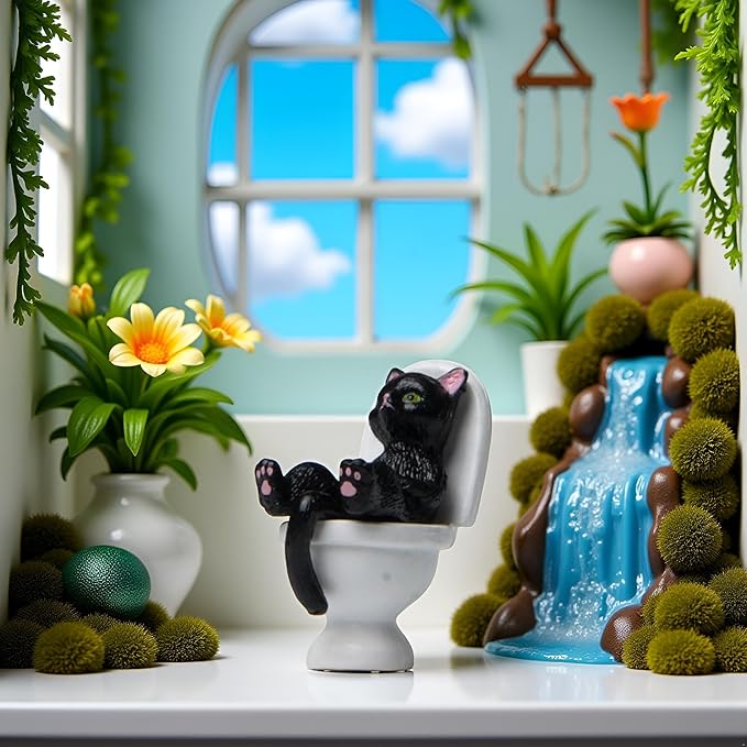 Black Cat On Toilet Ornaments Landscaping Garden Decoration Mini Cat Statue Dollhouse Accessories Household Desktop Model Home Decorations Cat Figurine Garden Miniatures