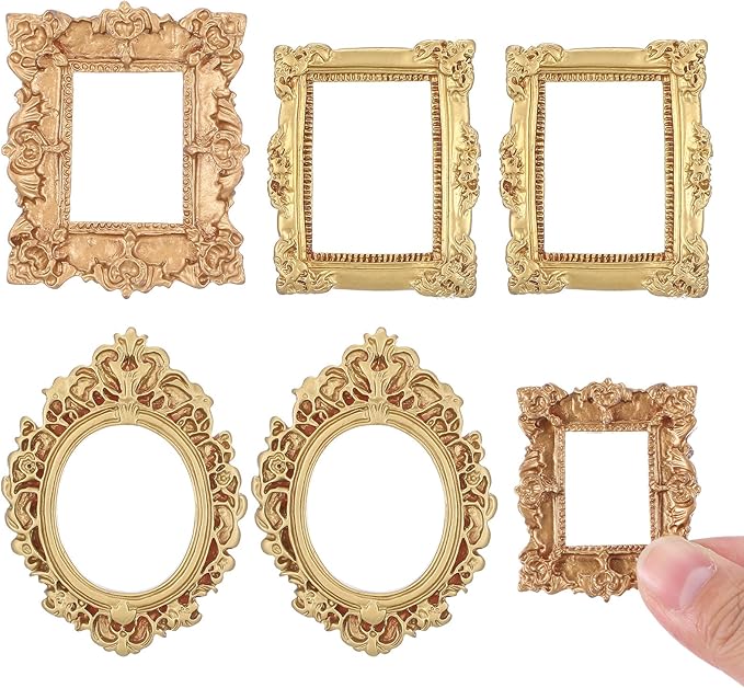 5 Pcs Miniature Picture Frames Vintage Dollhouse Photo Frames with Carved Golden Edges for Wall Hanging Desktop Display Jewelry Showcase Miniature Props for Dollhouse Model Train Garden