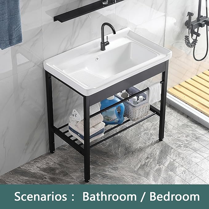 Freestanding Laundry Utility Sink, 28.3" x 19" x 32.3" Ceramic Utility Sink with Washboard Set with Bracket and Drain Kit for Laundry Room, Utility Room, Garage, Basement, Outdoor and Indoor