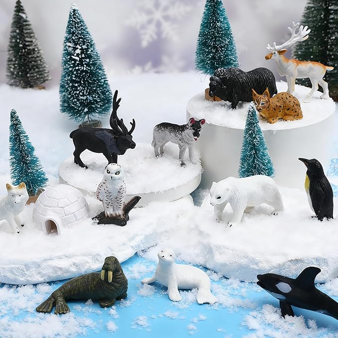 21 Pcs Mini Arctic Animals Figurines Set, Polar Bear Penguin Caribou Christmas Tree Model Winter Landscape Ornaments for Miniature Town Activities