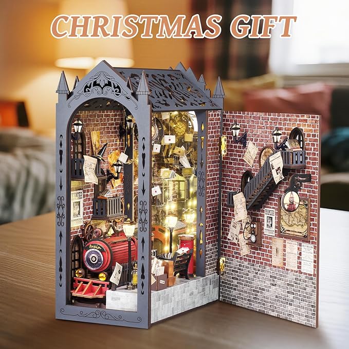 Book Nook Kit, DIY Miniature House Kit for Adults, Dollhouse Booknook with LED Light Gifts for Family, Friends, Magic Train