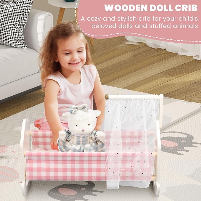 Wooden Baby Doll Crib Set, Baby Doll Bed Toys for 18 Inch Dolls, with Bedding and Canopy, Baby Doll Furniture Accessories