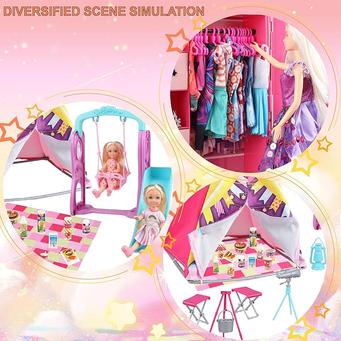 180 Piece Doll Wardrobe&Toy Folding Wardrobe - Includes Folding Wardrobe+Swing Slide+Tent+Stargazing Set with Rich Accessories Stimulate Children's Imagination and Creativity