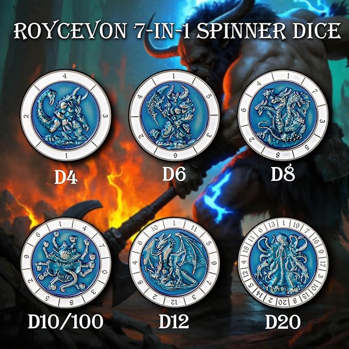7 in 1 Unique Spinner DND Dice Set D&D, Metal Cube D and D Dice with Gift Box, Dungeons Dragons Role Playing Dice, Black Blue