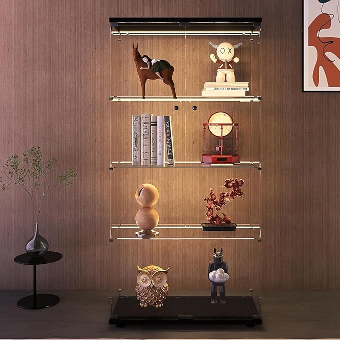 Modern 4-Tier Glass Display Shelf with 2 Doors, Curio Cabinet Collection - Floor Standing Display Case for Living Room, Bedroom, Home Office - 30" W x 14.5" D x 64" H (Black with LED Light Strip)
