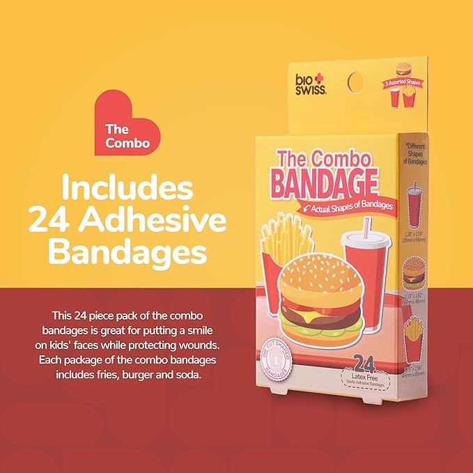 BioSwiss Bandages, Combo Meal Shaped Self Adhesive Bandage Set, Latex Free, Sterile Wound Care, 24 Count