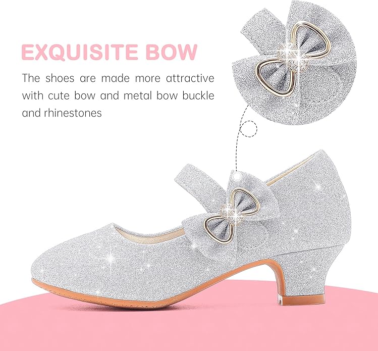 Dufannie Girls Dress Shoes Low Heel Princess Flats Mary Jane Flower Wedding Party Glitter Shoes for Kids Toddler
