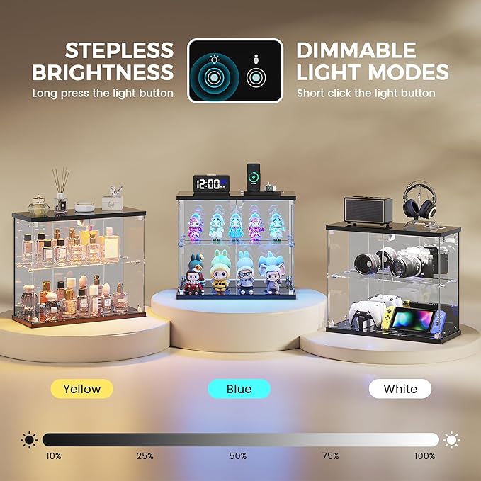 2pcs LED Clear Glass Display Case - for Figures & Collectibles, Small 2-Tier Display Cabinet with Charging Station, Display Box with Lights & Human Sensor, for Model Car, Perfume, Black