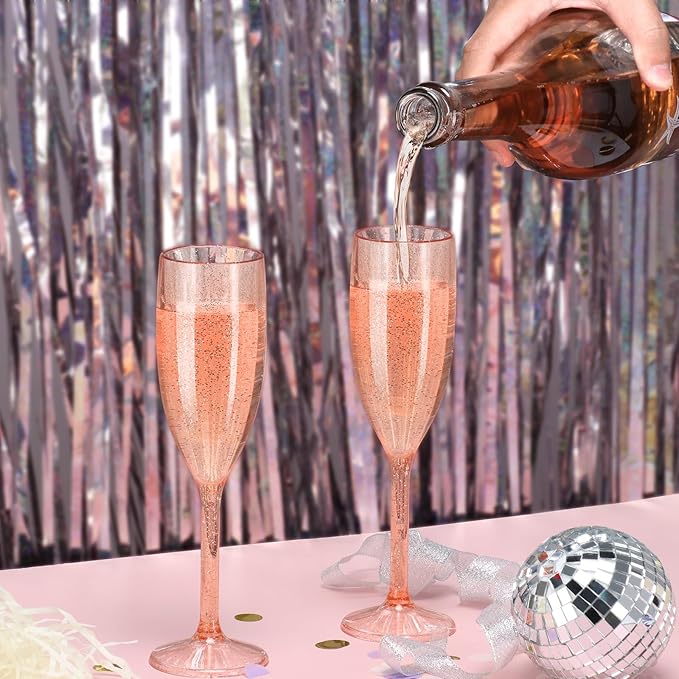 XUWAIDSGN 10 Pcs Reusable Champagne Flutes Plastic Wine Glasses Bulk Vintage Champagne Flutes Mimosa Bar Glasses Stemmed Drinking Cups 5.4OZ for Christmas Birthday Wedding Bride