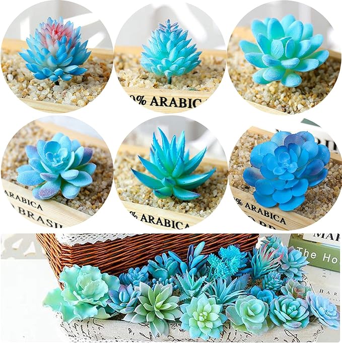 Woohome 10 PCS Artificial Succulent Plants, Blue Fake Succulent, Unpotted Faux Succulent Assortment in Flocked Blue in Different Type for Birthday Home Decor Indoor Wall Garden DIY