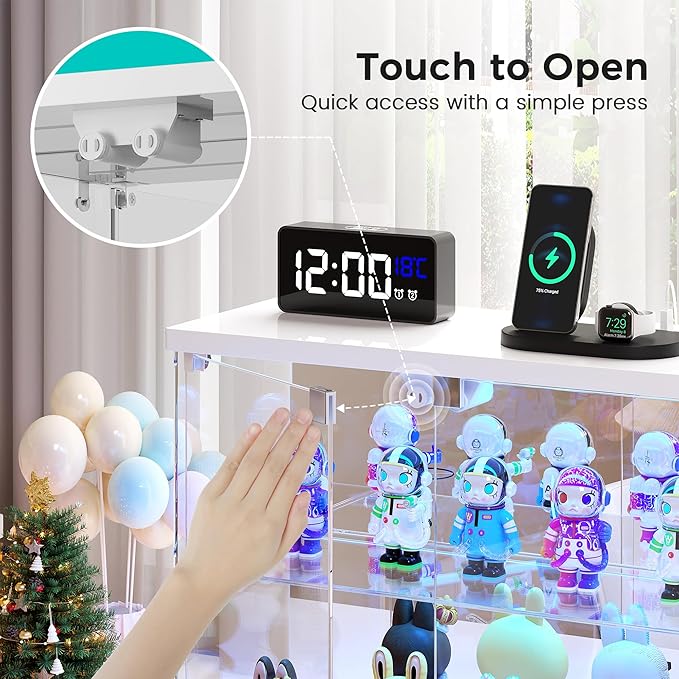 2pcs LED Clear Glass Display Case - for Figures & Collectibles, Small 2-Tier Display Cabinet with Charging Station, Display Box with Lights & Human Sensor, for Model Car, Perfume, White
