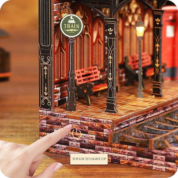 Book Nook Kit - DIY Miniature Dollhouse Booknook Kit with Steam Train, 3D Wooden Puzzle Bookend Bookshelf Insert Decor with LED, DIY Adults Crafts Kit Gifts for Family Friends