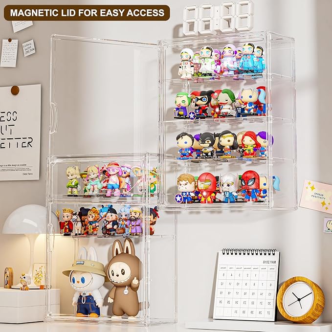 Clear 4 Tiers Acrylic Display Case for Figures Collectibles Wall Mounted Hobby Figurine Display Case with Shelves, Display Shelf Storage Box for Labubu Pop Mart, Action Figures, XXL, 1 Pack
