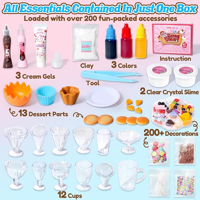 18 Minature Food Slime Kit, Mini Sweet Dessert & Drink, Arts and Crafts Set, DIY Kitchen Pretend Play Toys, Christmas Birthday Party Favors Gift for Girls Kids Ages 8-12, NOT Edible