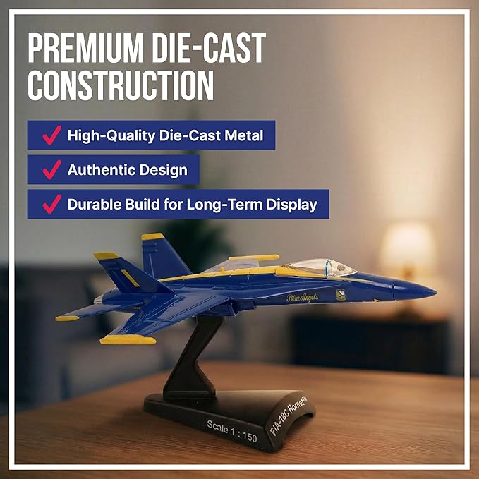 Postage Stamp F/A-18C Hornet Blue Angels – 1/150 Scale Die-Cast Metal Jet Model with Display Stand – Officially Licensed USA Navy Collectible Aircraft for Adults Ages 14+