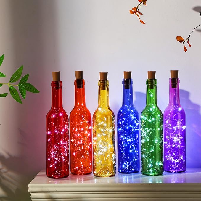 Rtteri 12 Sets Small Empty Wine Bottles with Cork Lights Centerpiece and 30 LED Battery Operated Cork Lights for Birthday Wedding Party Decoration (375 ml,Colorful Bottle)