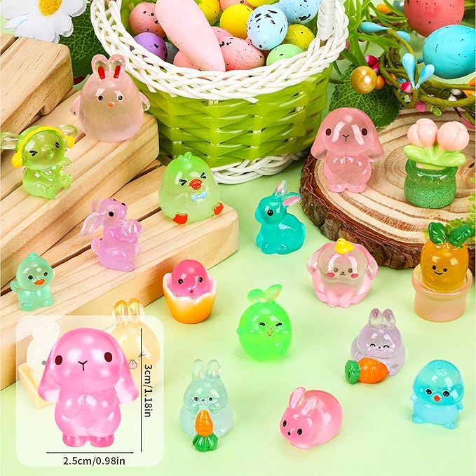 56 Pcs Easter Luminous Mini Resin Figurines 56 Style Glow in The Dark Little Small Resin Miniatures to Hide Bulk Bunny Chick Figures for Easter Party Favors Egg Fillers Micro Garden Landscape Decor