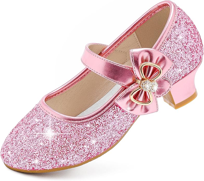 Dufannie Girls Dress Shoes Low Heel Princess Flats Mary Jane Flower Wedding Party Glitter Shoes for Kids Toddler
