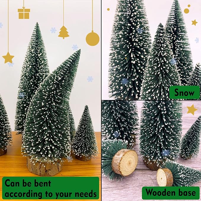 Mini Christmas Tree Small Christmas Tree Desktop Miniature Pine Tree Sisal Bottle Brush Trees with Wooden Base for Christmas Decor Christmas Party Home Table Craft Decorations