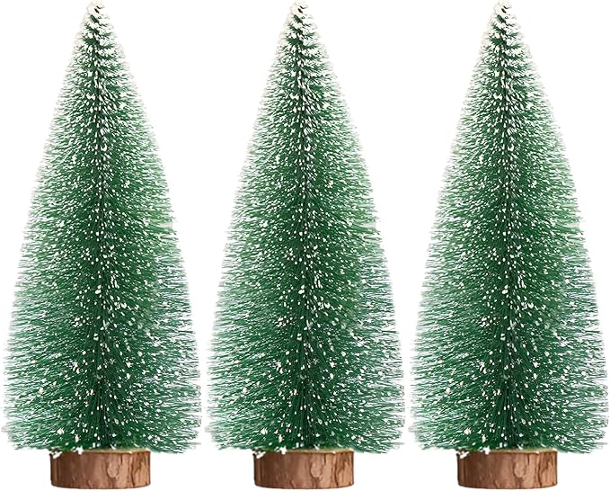3pcs 10inch Mini Christmas Tree Bottle Brush Trees Chrismas Village Trees Ornaments Mini Plastic Christmas Trees with Wooden Base for Christmas Decoration Miniature Chrismas Tree