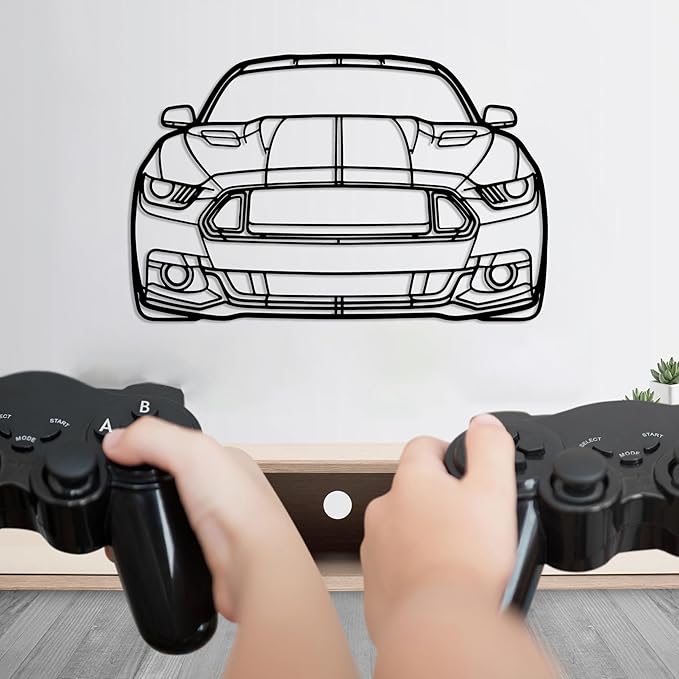 DecoSoul Mustang Metal Car Wall Art, Sports Car, Automotive Silhouette Line Decoration, Minimalist Sculpture for Garage, Indoor Outdoor Wall Hanging, Gift for Boyfriend (Black - 55 x 15.1” inch)