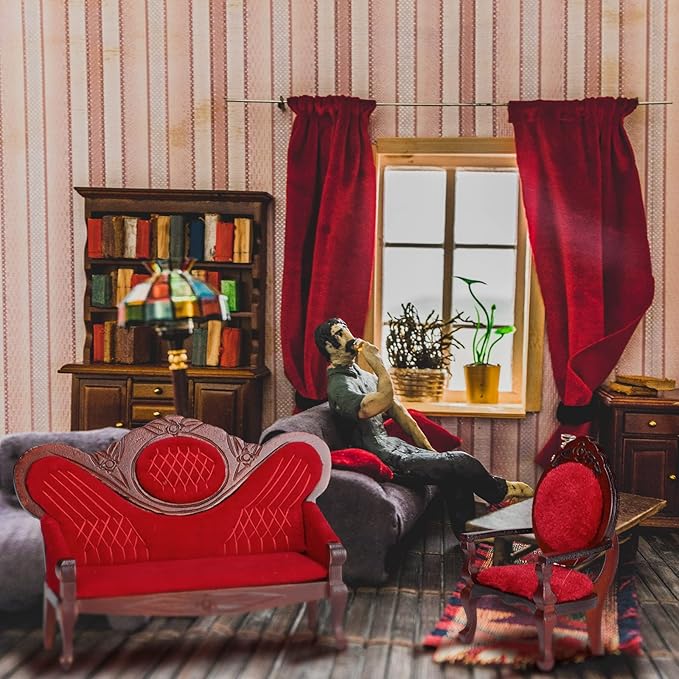 5 Pcs 1:12 Miniature Dollhouse Furniture, Include Vintage Red Wooden Carved Sofa Couch 4 Pcs Wooden Carved Single Sofa Chairs Retro Red Armchairs for Living Room Bedroom Kitchen Birthday Decoration