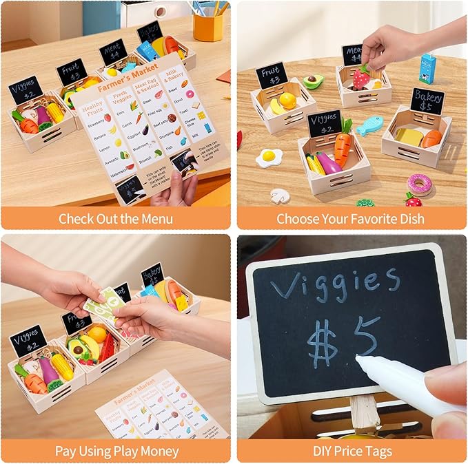 Food Groups - 20 Wooden Play Food Sets & 4 Crates & 4 Mini Blackboard & 15 Play Money, Pretend Toy Food Kitchen Accessories for Toddlers & Kids Ages 3+