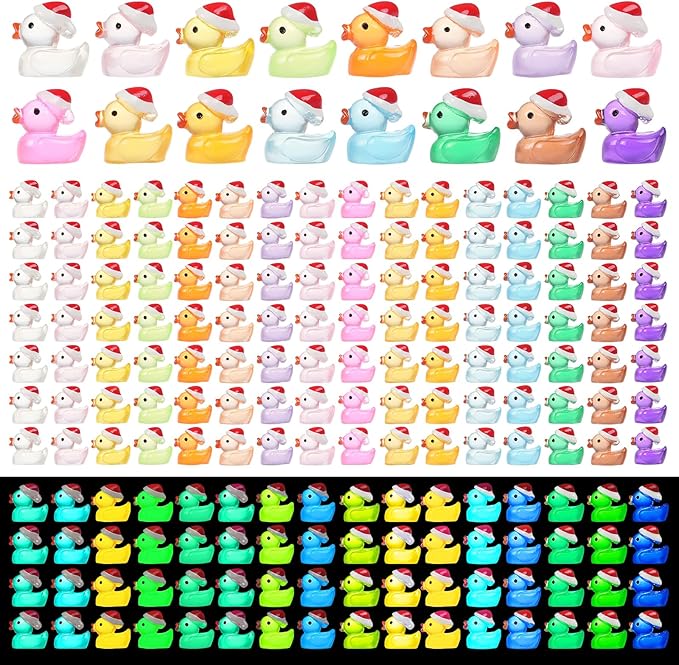 160Pcs Luminous Christmas Mini Ducks, Glow in The Dark Xmas Mini Resin Ducks with Santa Hats, 16 Colors Tiny Ducks Bulk for Micro Fairy Garden DIY Miniature Dollhouse Decor
