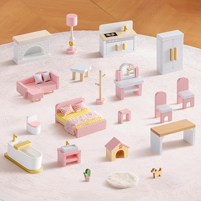 ROBOTIME Wooden Dollhouse Furniture Set, 28 PCS Miniature Dollhouse Furniture with 6 Room Kits, Dollhouse Accessories and Pretend Play Furniture, Gift for Boys and Girls Ages 3+
