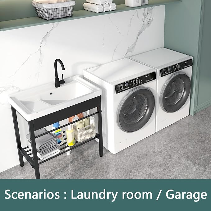 Freestanding Laundry Utility Sink, 28.3" x 19" x 32.3" Ceramic Utility Sink with Washboard Set with Bracket and Drain Kit for Laundry Room, Utility Room, Garage, Basement, Outdoor and Indoor