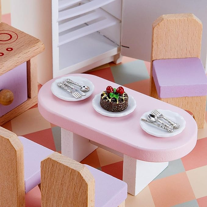 12 Pieces 1:12 Scale Miniature Plates and 12 Pieces Knives Forks Spoons Metal Tableware Dollhouse Miniatures Porcelain Plate Set Dollhouse Kitchen Decoration Accessories