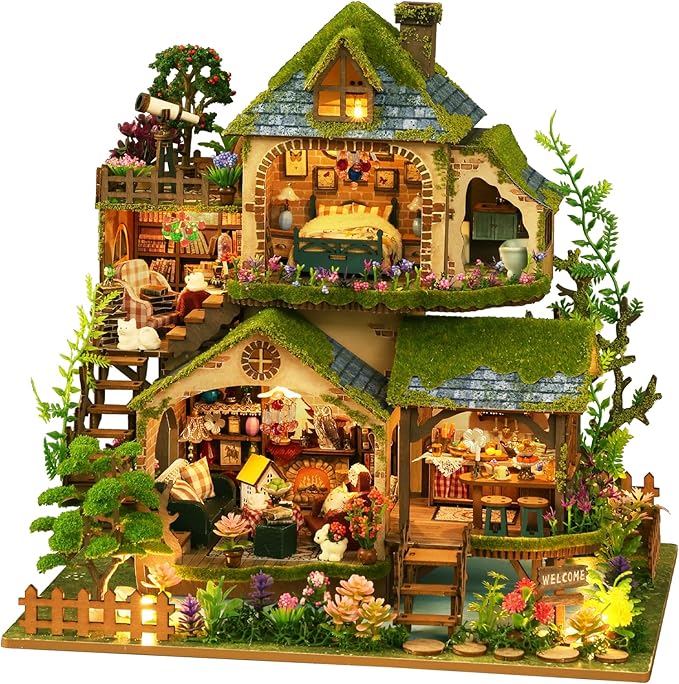 DIY Miniature House Kit: 3D Wooden Puzzle Dollhouse Kit, Mini House Building Kits for Adults Teens, Tiny Model House Building Miniature Kit with LED Light, Forest Adventure