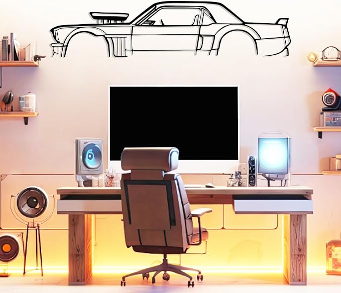 Hoonicorn Mustang Model Silhouette Metal Car Wall Art, Sports Car, Automotive Silhouette Line Decoration, Minimalist Sculpture for Garage, Man Cave, Wall Hanging, Gift for Boyfriend and Car Lovers (Black - 35 x 8” inch)