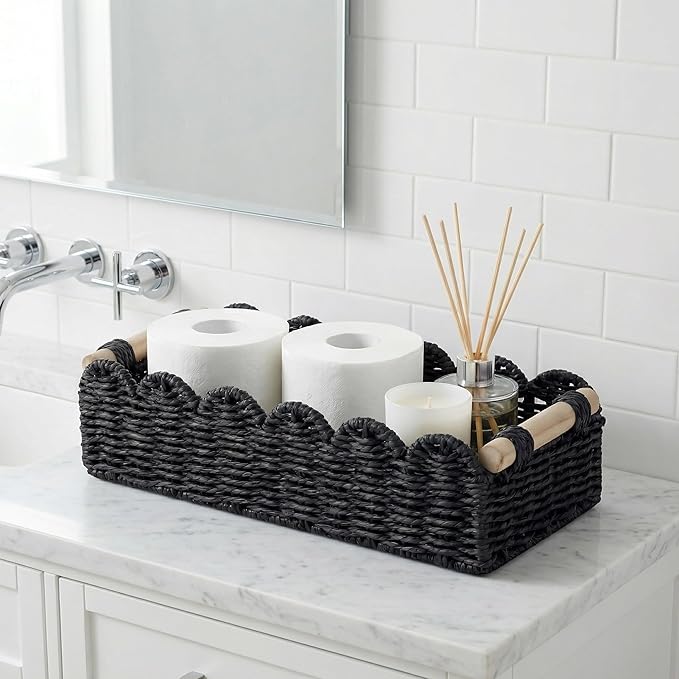 Black Paper Rope Scalloped Basket with Wooden Handles, Modern Bathroom Counter Organizer Basket for Vanity, Toilet Tank Top, Shelves & Coffee Table – 14" x 6.3" x 3.9"