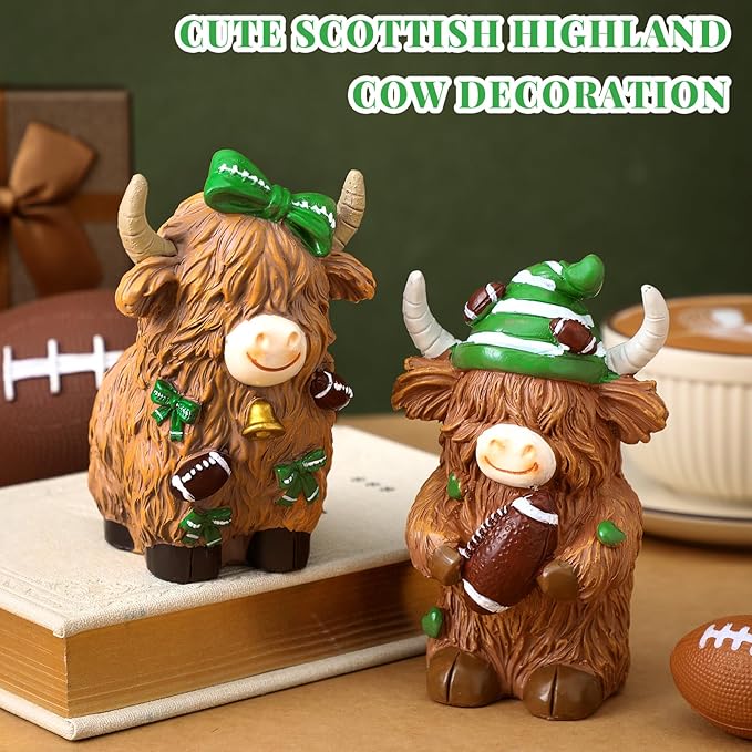 Burbell 2 Pack Football Highland Cow Resin Figurine Decor Bathroom Highland Cow Gnomes with Football Scarf Resin Statue for Garden Table Shelf Home Decor Calf Gnome Herd Gifts