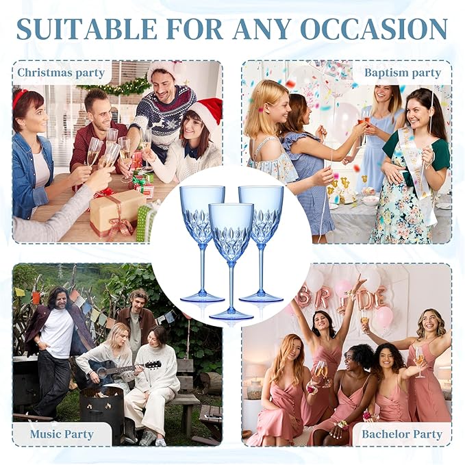 SKLENICE 48 pcs Plastic Blue Wine Glasses Bulk 7.4oz Detachable Small Wine Goblet Champagne Flutes Unbreakable Vintage Diamond Stemware Mimosa Drinking Glassware for Wedding Christmas Event Party
