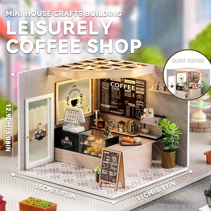 Flever DIY Miniature House Kit, Tiny Home Kit with LED Light, Mini House Build Craft Kits for Adults and Teens, Home Decor Creative Gift for Family/Friends (Leisurely Coffee Shop)